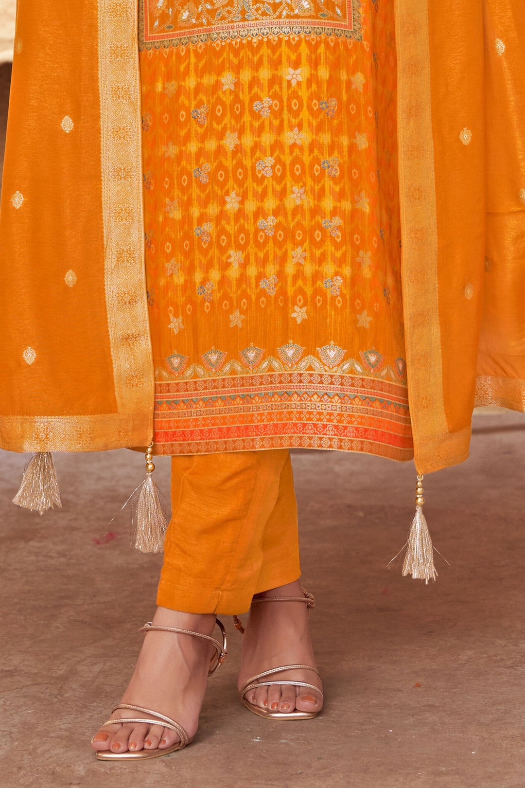 Mustard Banaras, Beads and Sequins work Straight Cut Salwar Suit