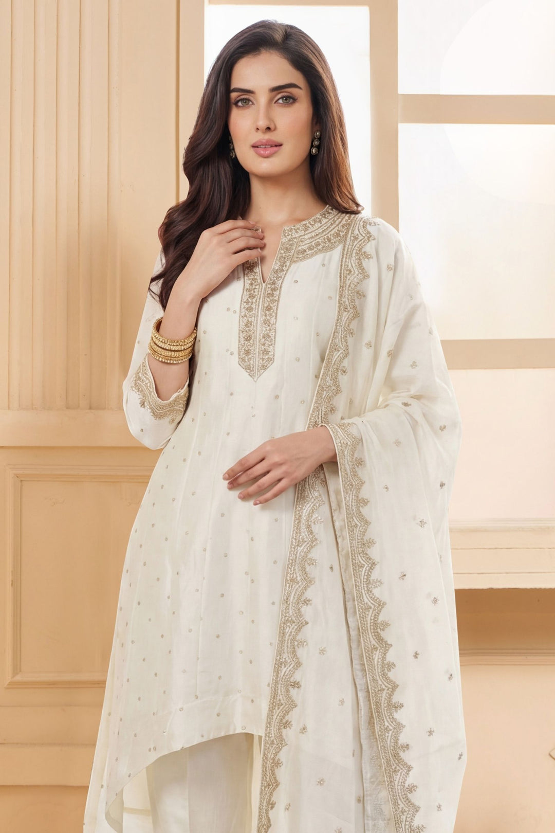 Cream Zari and Sequins work A-line Cut Anarkali Styled Salwar Suit