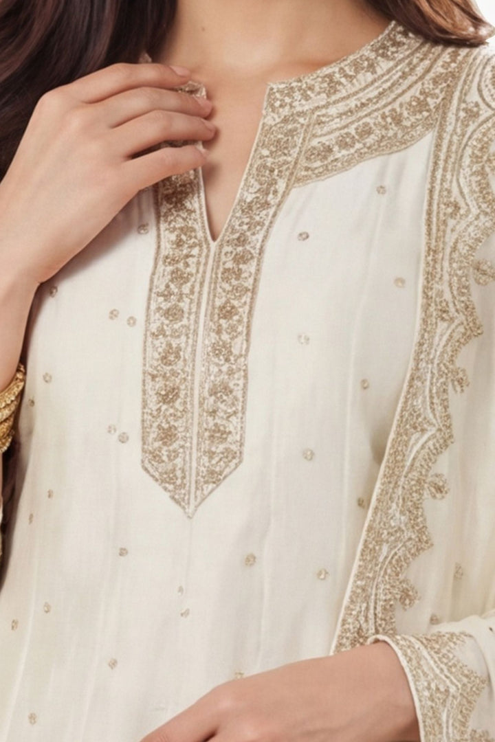 Cream Zari and Sequins work A-line Cut Anarkali Styled Salwar Suit