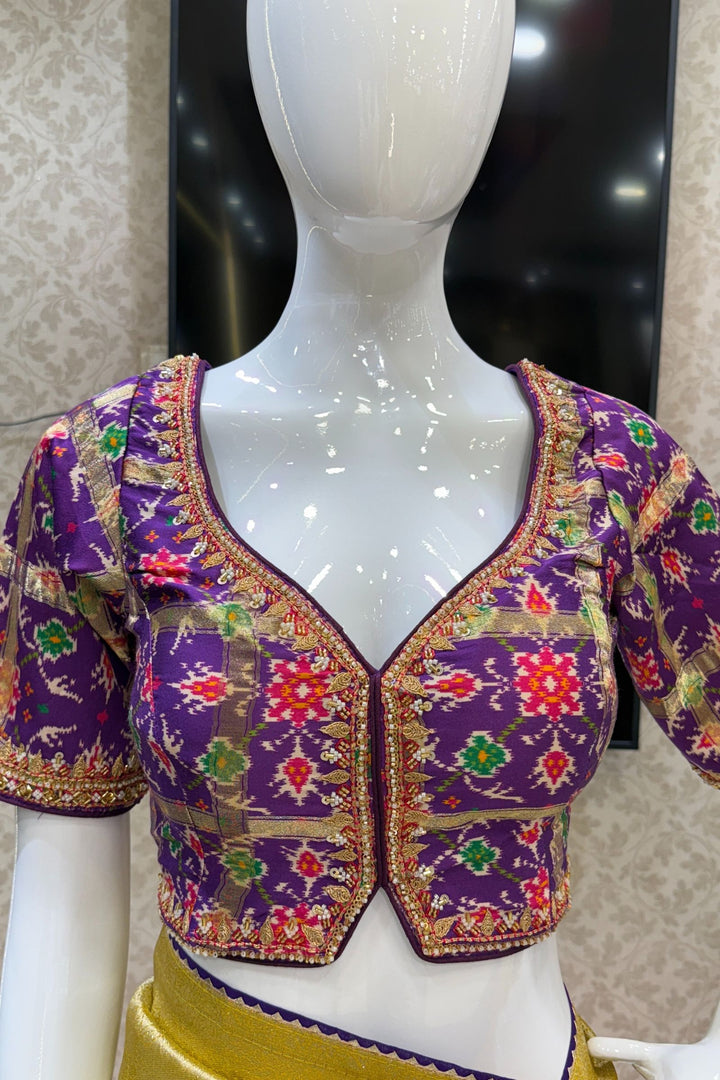 Mustard Saree with Purple Beads, Zari and Sequins work with Pochampally Print Blouse