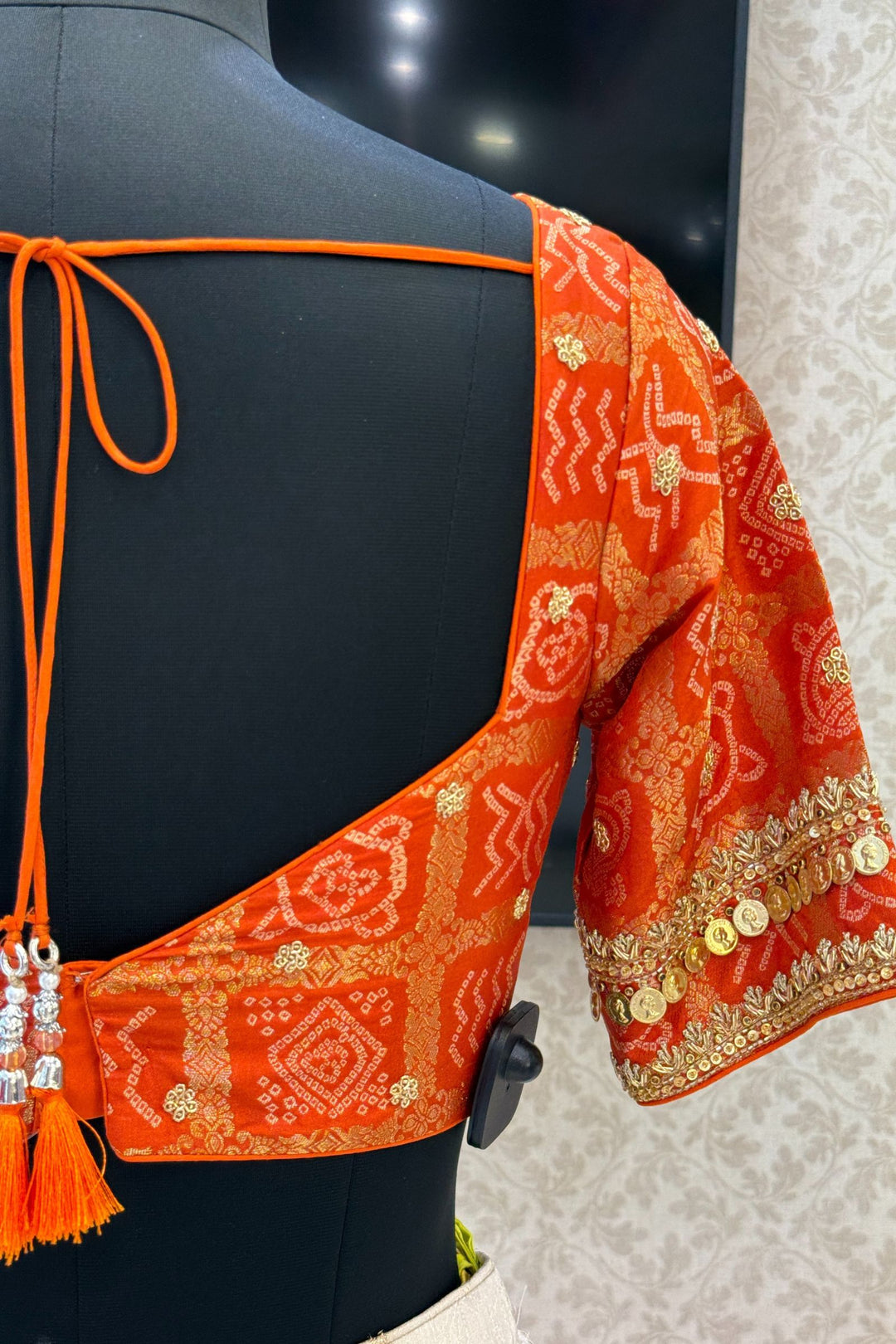 Orange with Cream Banaras, Zardozi, Sequins, Beads and Zari work Crop Top Lehenga