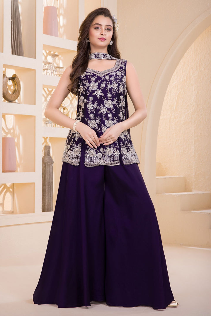 Wine Beads and Sequins work Palazzo Suit Set for Girls