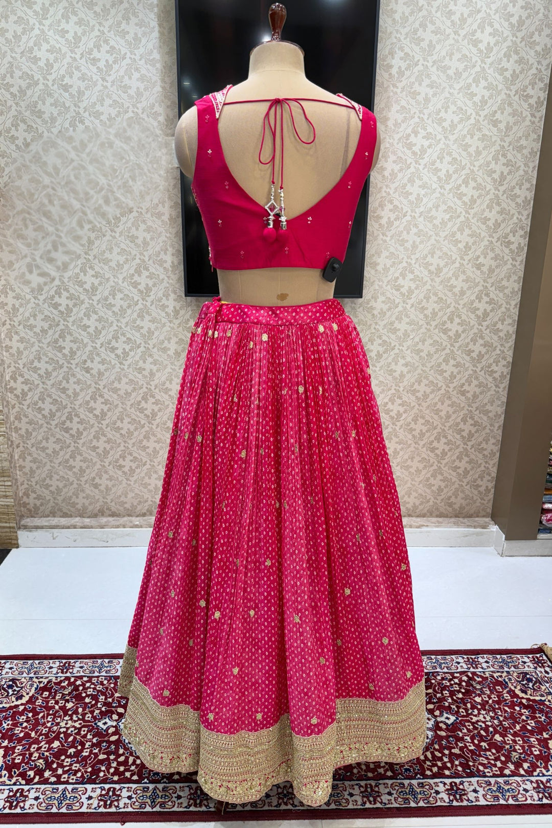 Rani Pink Mirror, Stone, Zardozi and Sequins work with Bandini Print Crop Top Lehenga