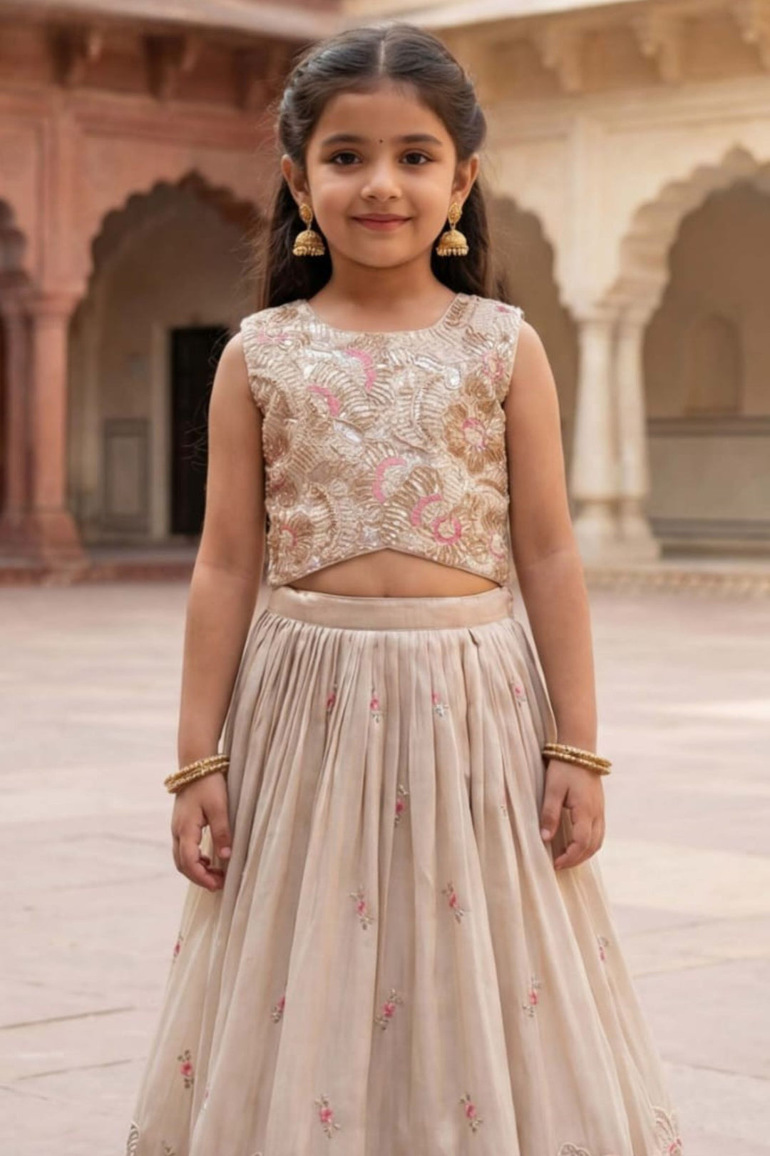 Cream Beads, Pearl, Thread, Zari and Sequins work Lehenga Choli for Girls