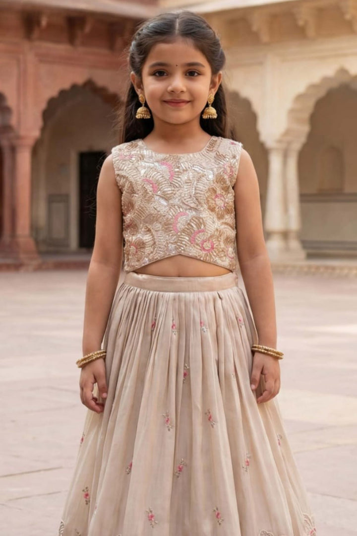 Cream Beads, Pearl, Thread, Zari and Sequins work Lehenga Choli for Girls