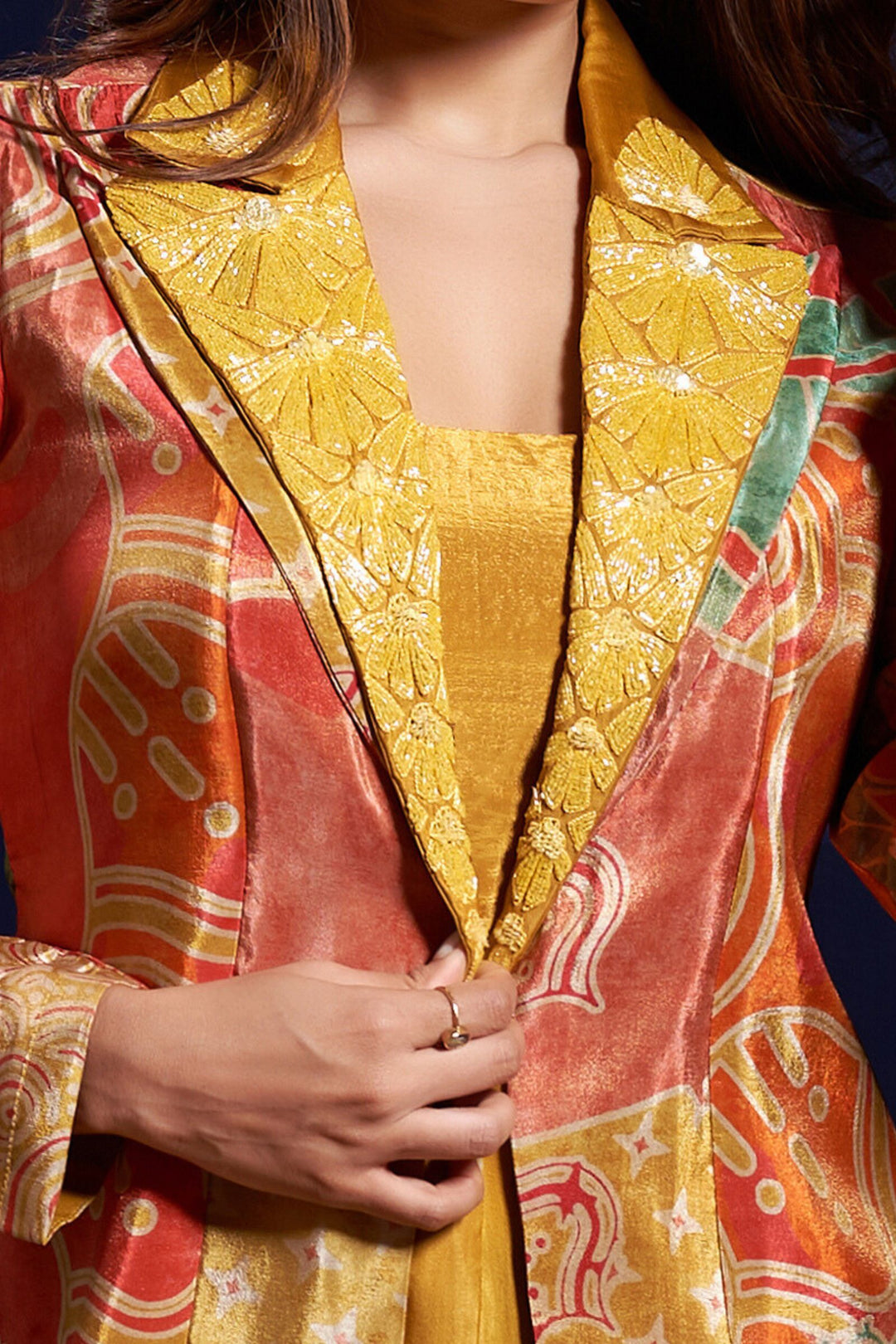 Mustard Yellow with Multicolor Digital Print Crop Top with Overcoat Styled Palazzo Suit Set