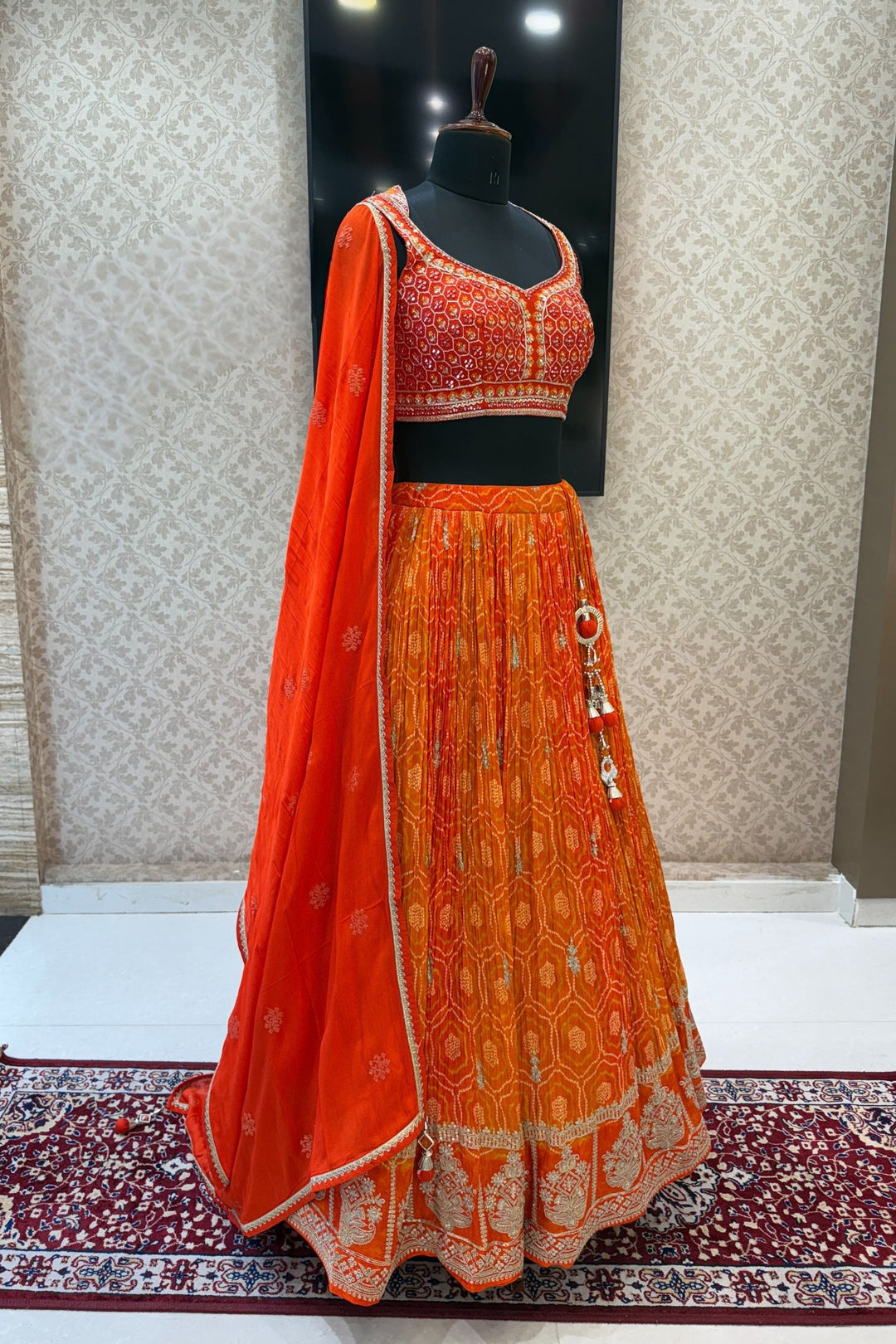 Orange Mirror, Stone, Zardozi and Sequins work with Bandini Print Crop Top Lehenga