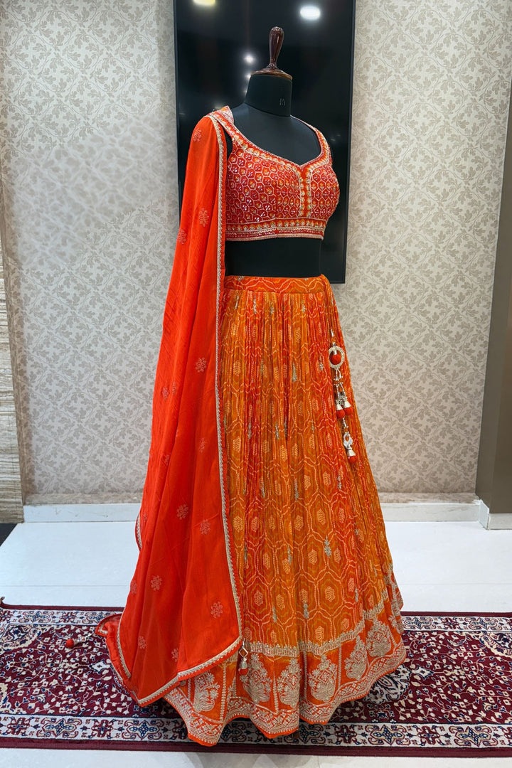 Orange Mirror, Stone, Zardozi and Sequins work with Bandini Print Crop Top Lehenga
