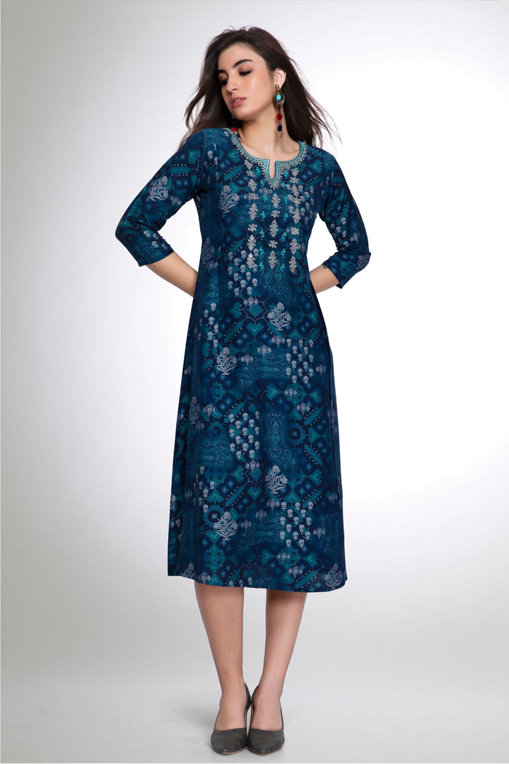 Indigo Blue Digital Print, Thread and Mirror work Anarkali Styled Kurti