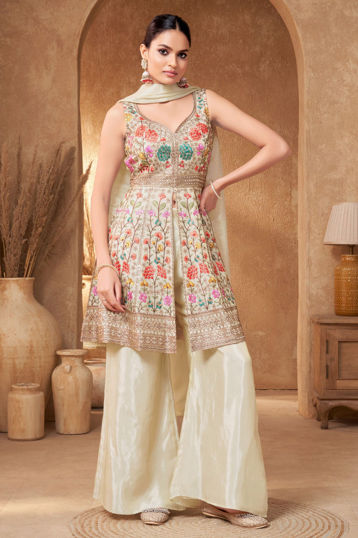 Cream Sequins and Multicolor Embroidery work Palazzo Salwar Suit