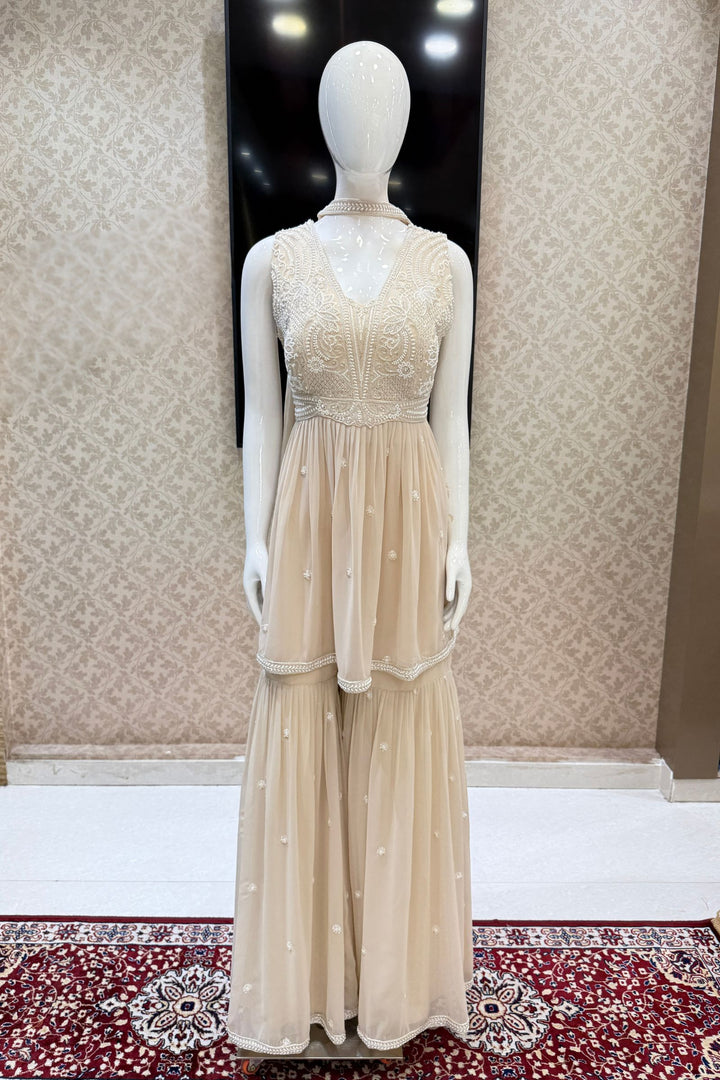 Beige Beads, Sequins and Thread work Peplum Top with Sharara Suit Set