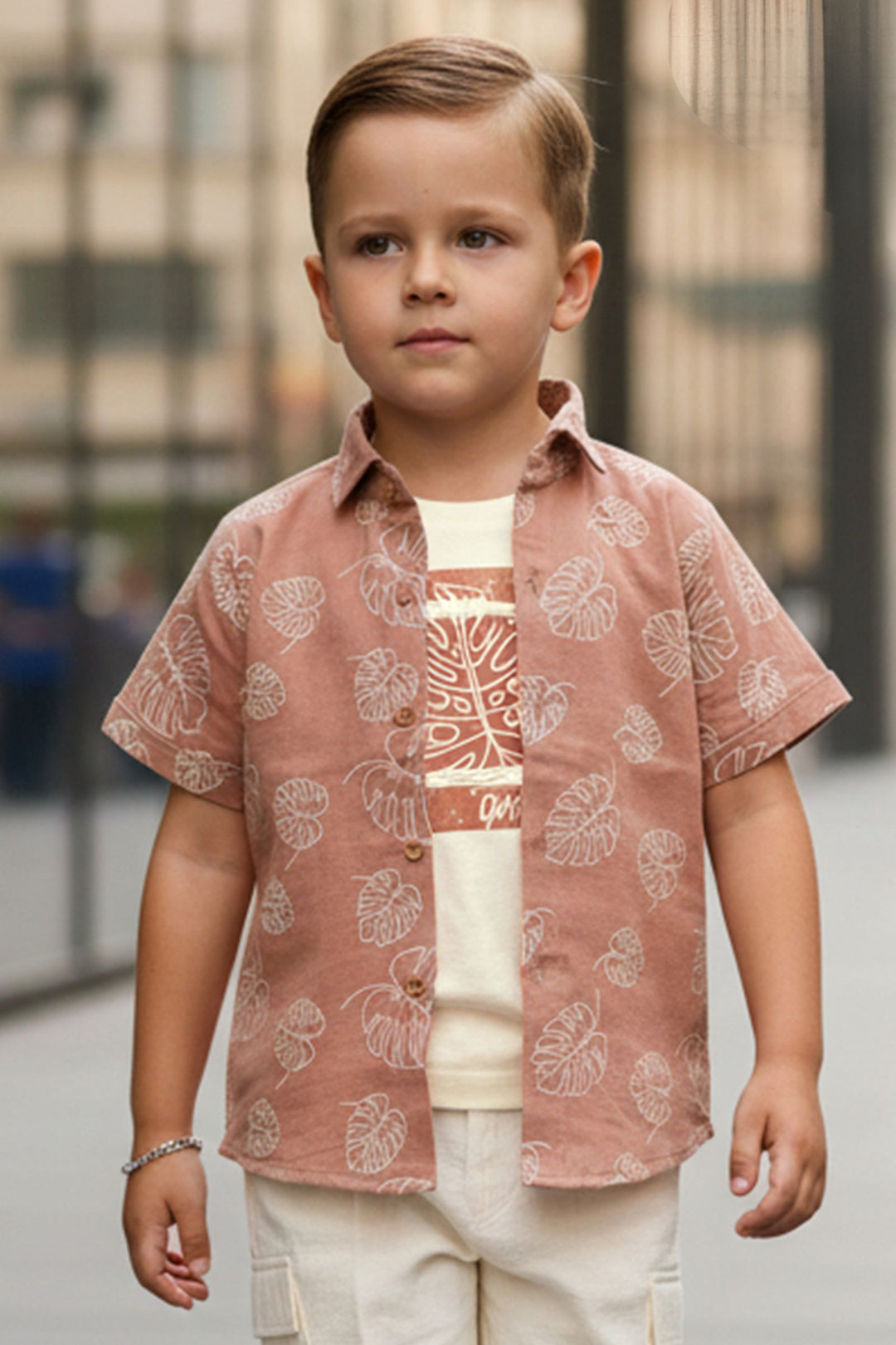 Cream with Dusty Rose Blazer, Printed T-Shirt and Shorts Set for Boys