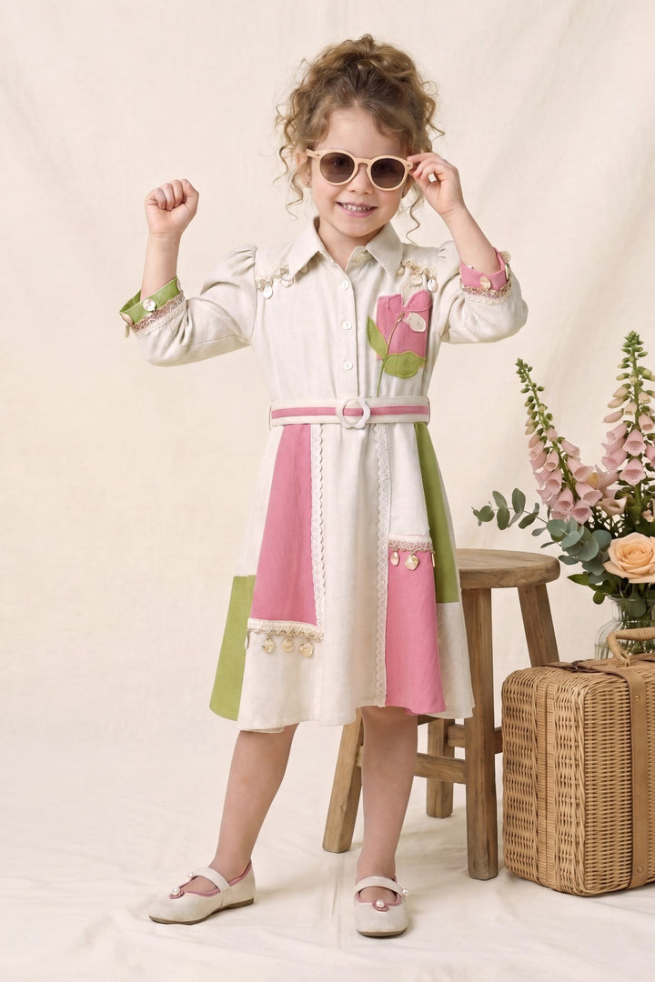 Cream with Green and Pink Colorblock Styled Short Frock For Girls