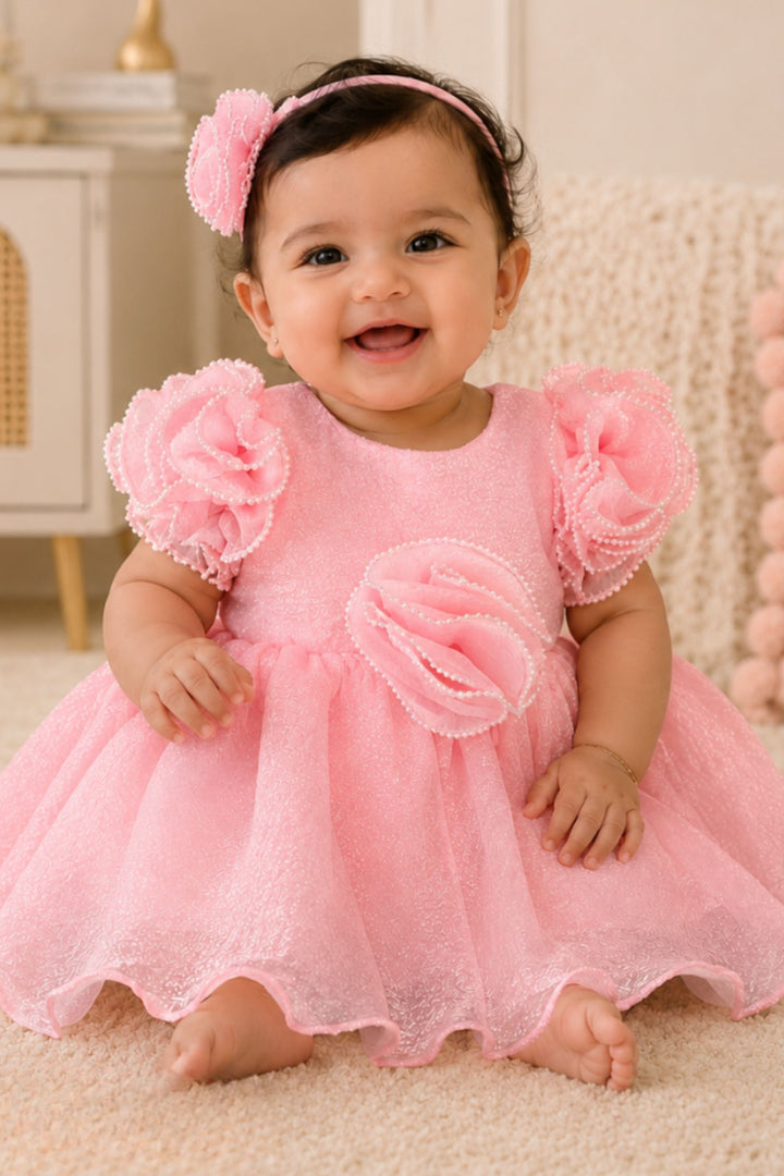 Baby Pink Blushing Ruffle Sleeve Partywear Short Frock for Girls