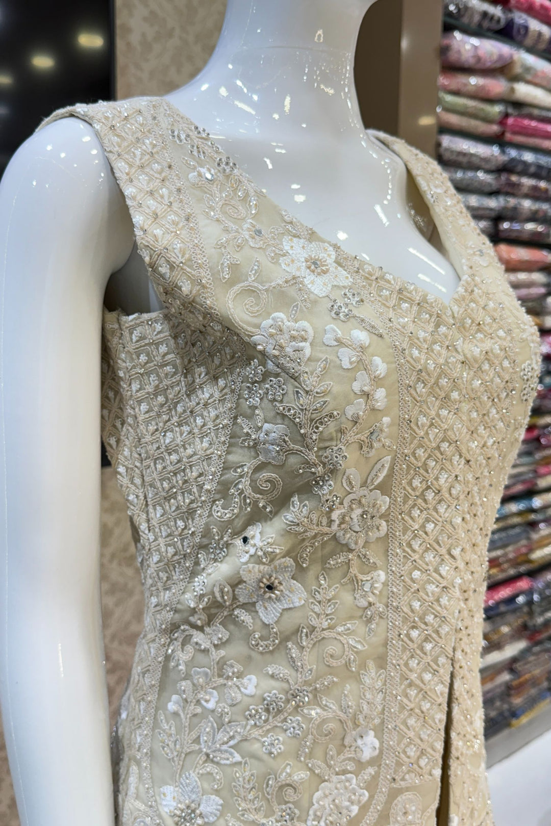 Cream Stone, Zari, Thread, Sequins and Beads work Salwar with Palazzo Pant