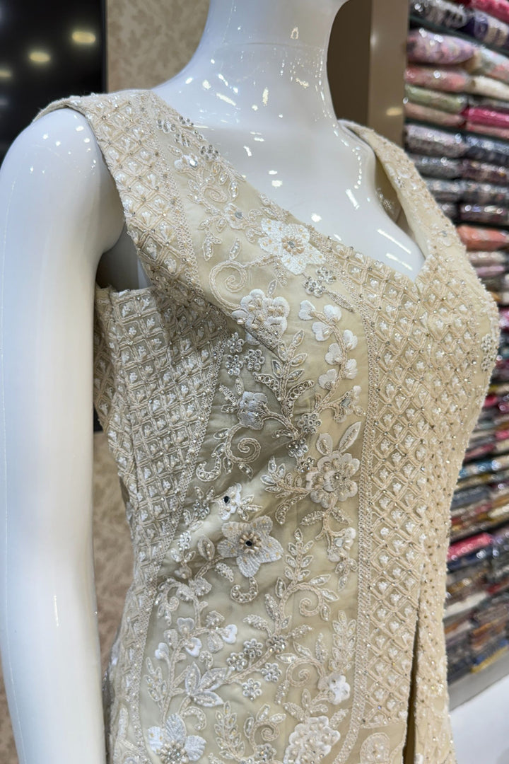 Cream Stone, Zari, Thread, Sequins and Beads work Salwar with Palazzo Pant