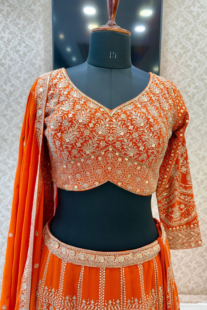 Orange Sequins and Zari work Crop Top Lehenga
