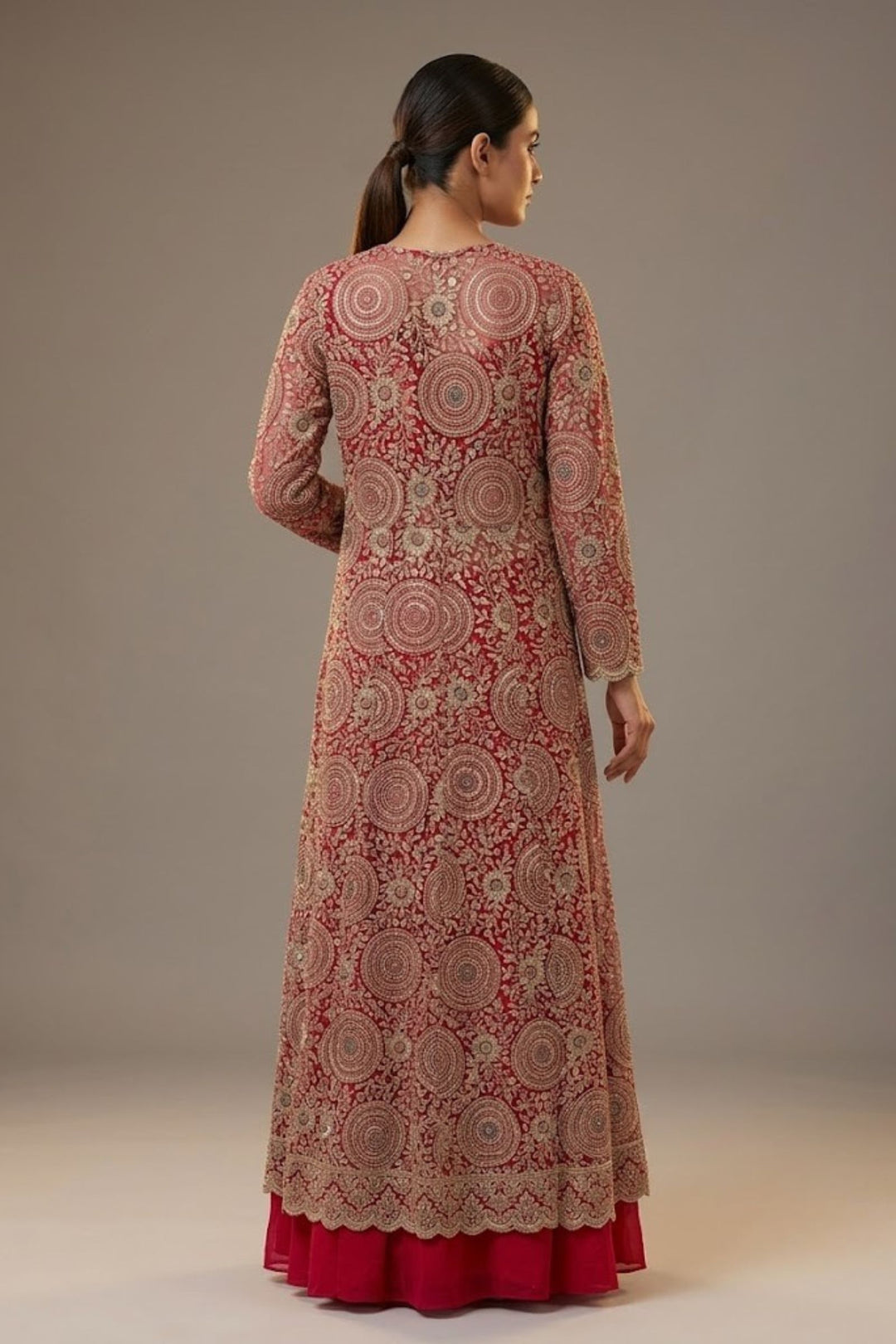 Rani Pink Drape Style Lehenga with Sequins, Stone and Zari work Long Overcoat