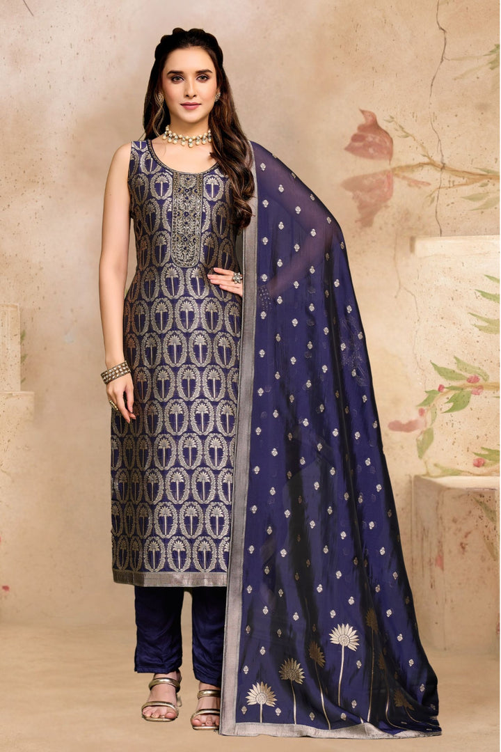 Navy Blue Mirror, Banaras, Stone and Zardozi work Straight Cut Salwar Suit