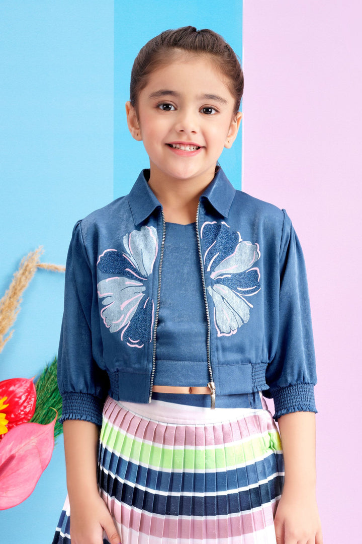 Blue Printed Top and Overcoat with Multicolor Divider Skirt for Girls