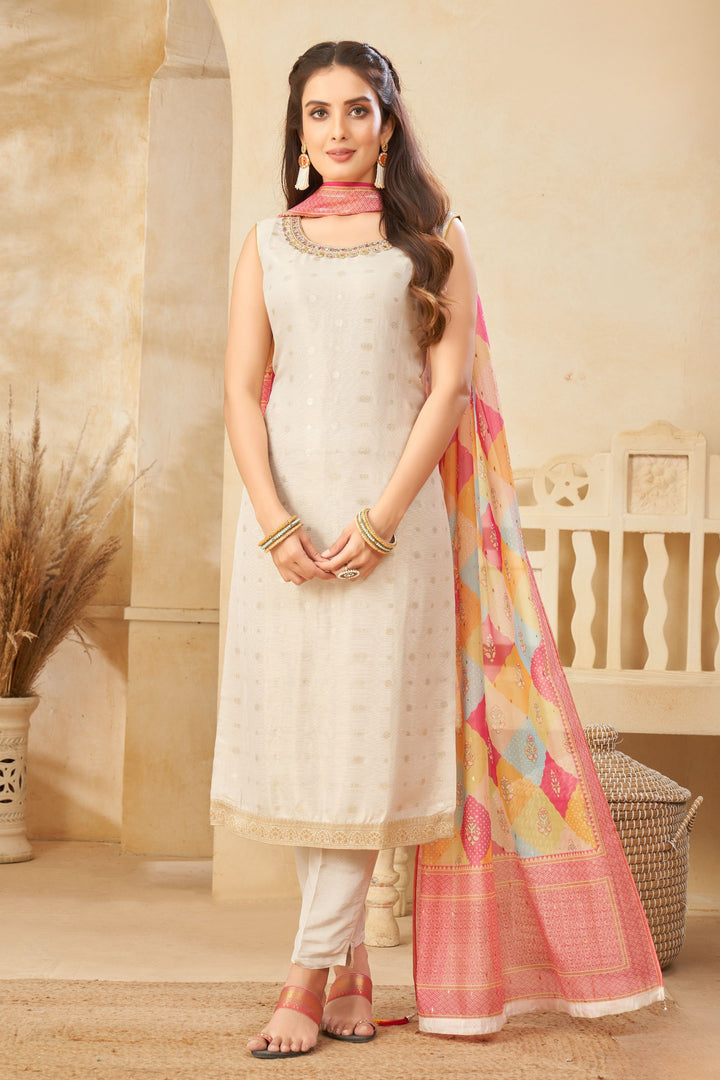 Cream Banaras, Mirror, Zardozi, Beads and Sequins work Straight Cut Salwar Suit