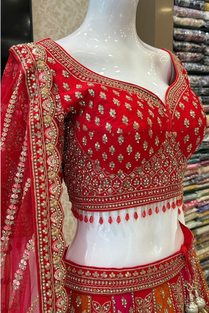 Red Zari, Stone and Embroidery work Crop Top Designer Bridal Multicolor Lehenga