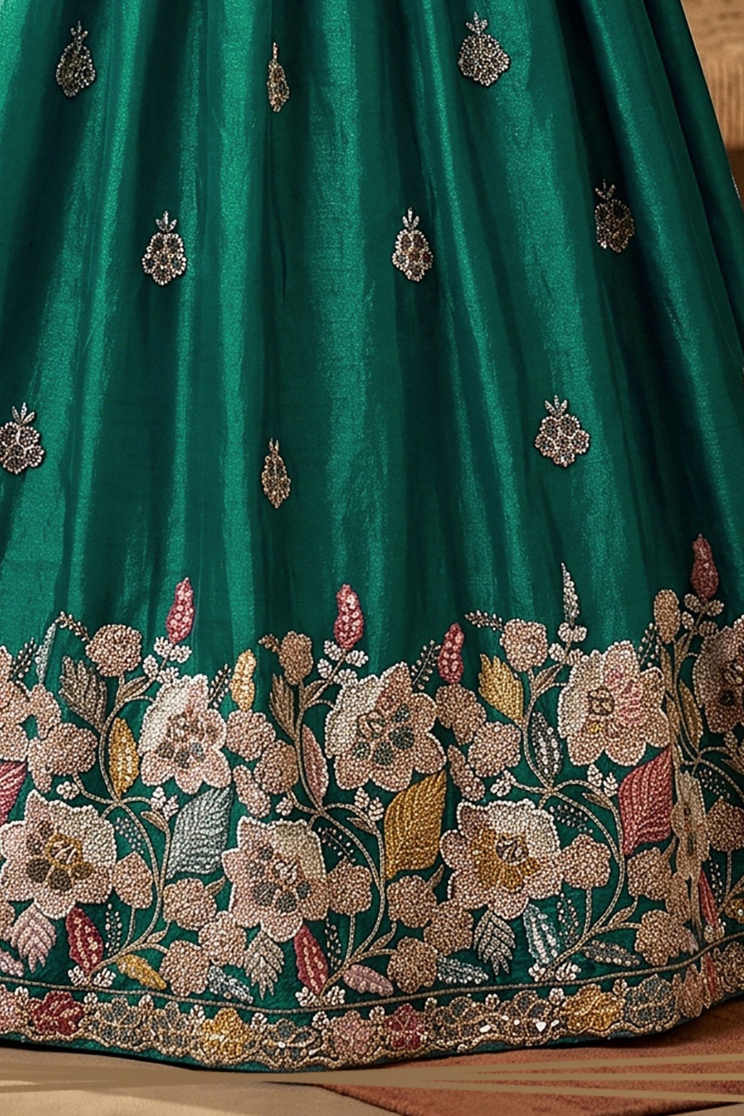 Peacock Green Floral Embroidery Girls Lehenga Choli with Zari, Beads and Sequins work