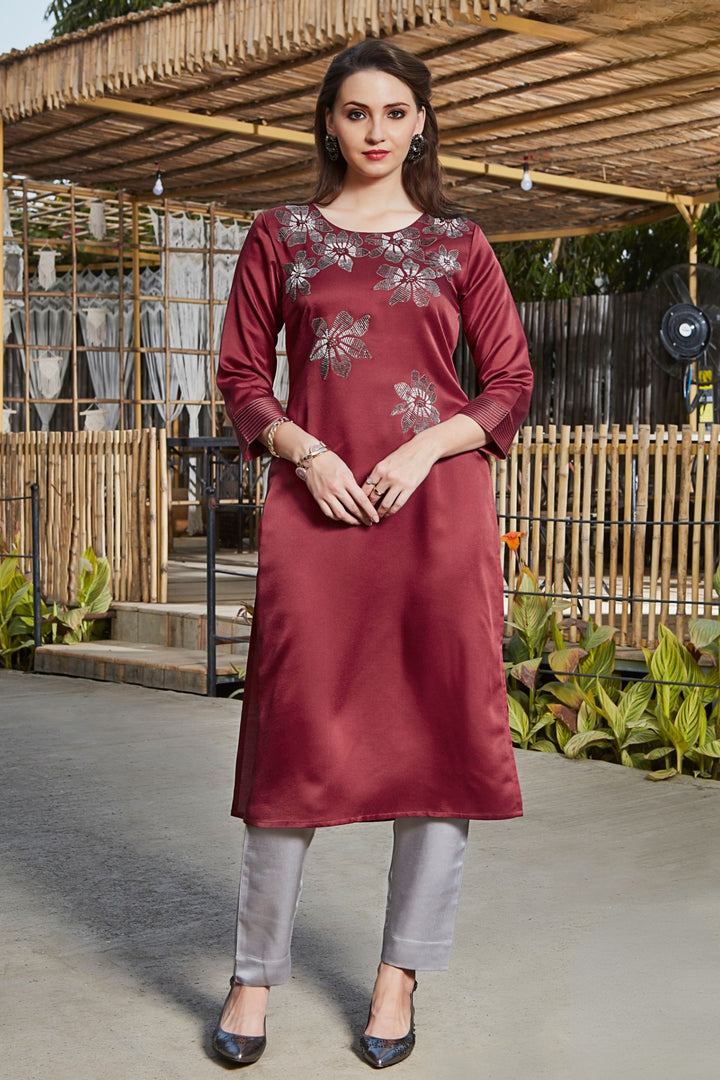 Maroon Beads work Calf Length Kurti