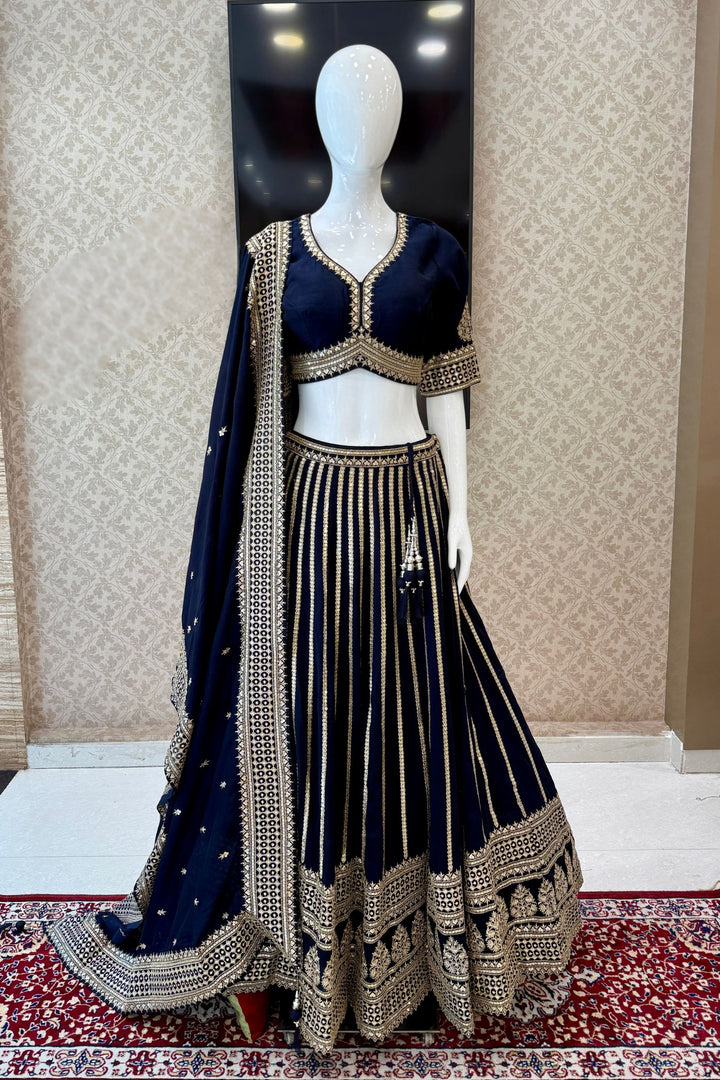 Navy Blue Sequins and Zari work Crop Top Lehenga