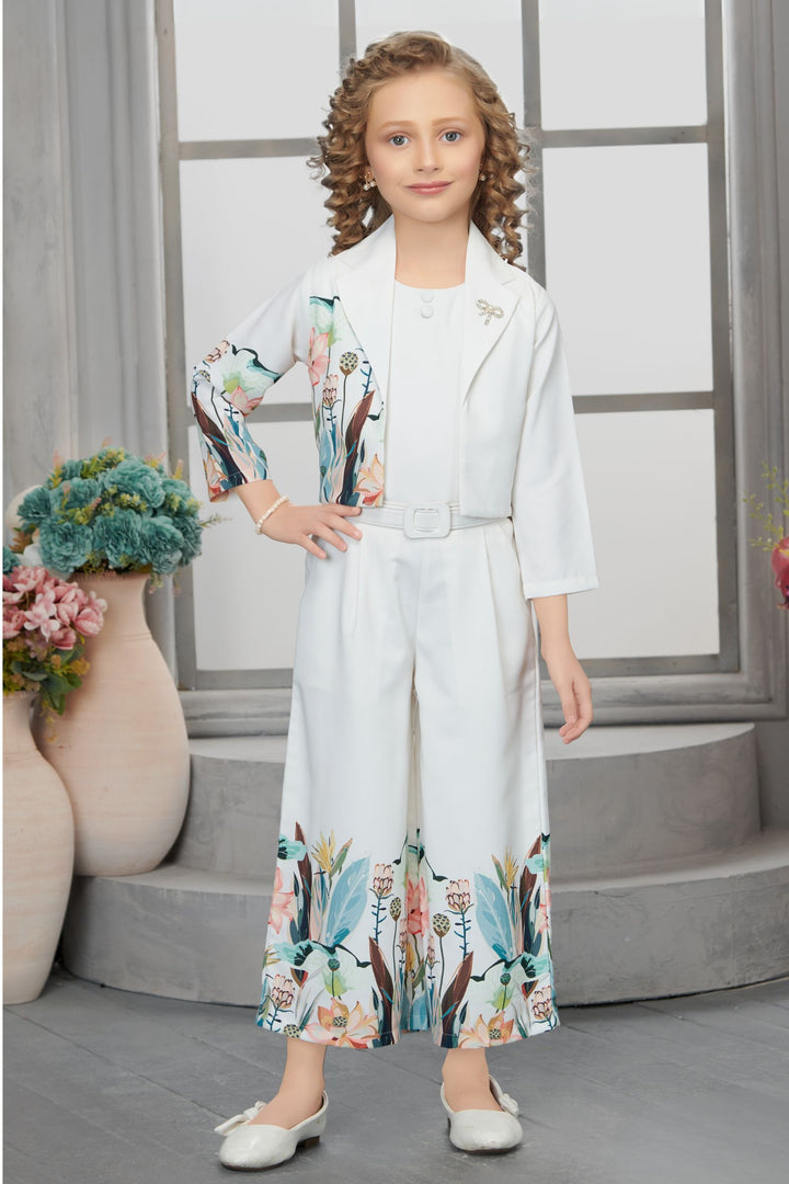White with Multicolor Digital Print Jacket Styled Palazzo Set for Girls