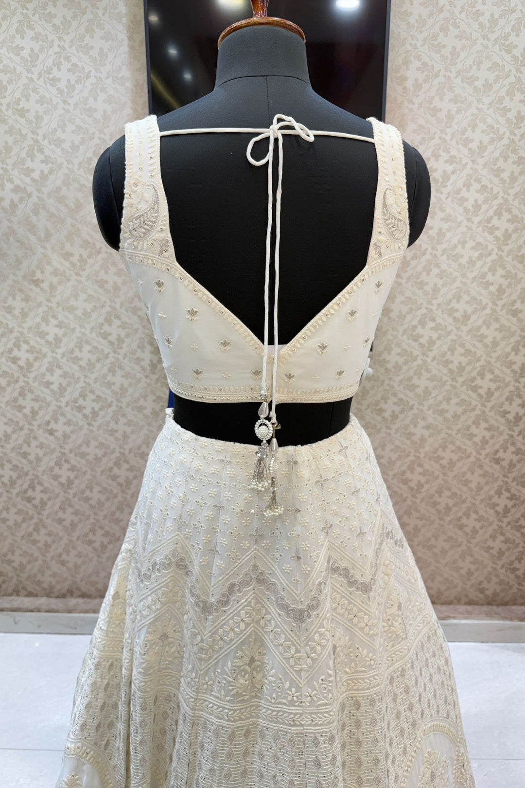 Cream Stone, Pearls, Zari, Sequins, Mirror, Beads and Embroidery work Crop Top Lehenga