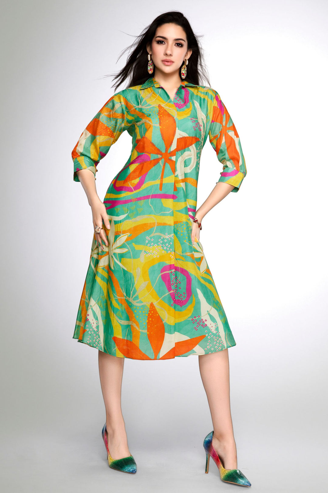 Sea Green with Multicolor Digital Print and Beads work Calf Length Kurti