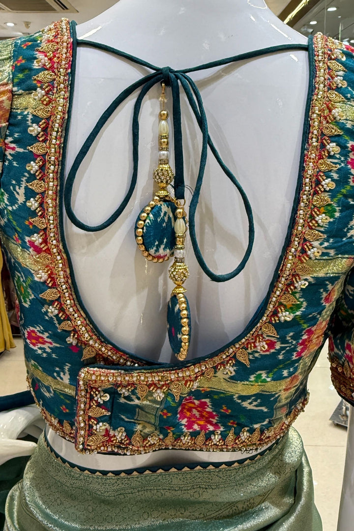 Sea Green Saree with Peacock Blue Beads, Zari and Sequins work with Pochampally Print Blouse