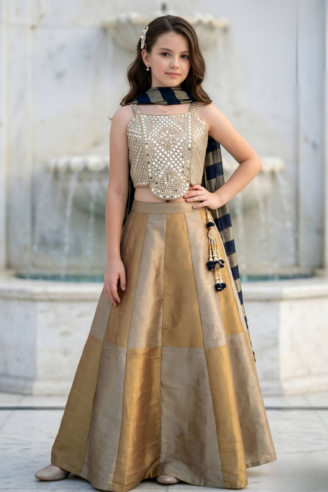 Beige with Gold Mirror and Zari work Lehenga Choli for Girls