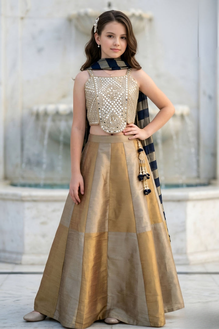 Beige with Gold Mirror and Zari work Lehenga Choli for Girls
