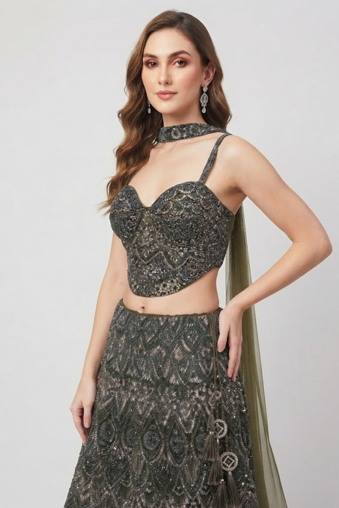 Green Sequins and Beads work Fishcut Lehenga Set