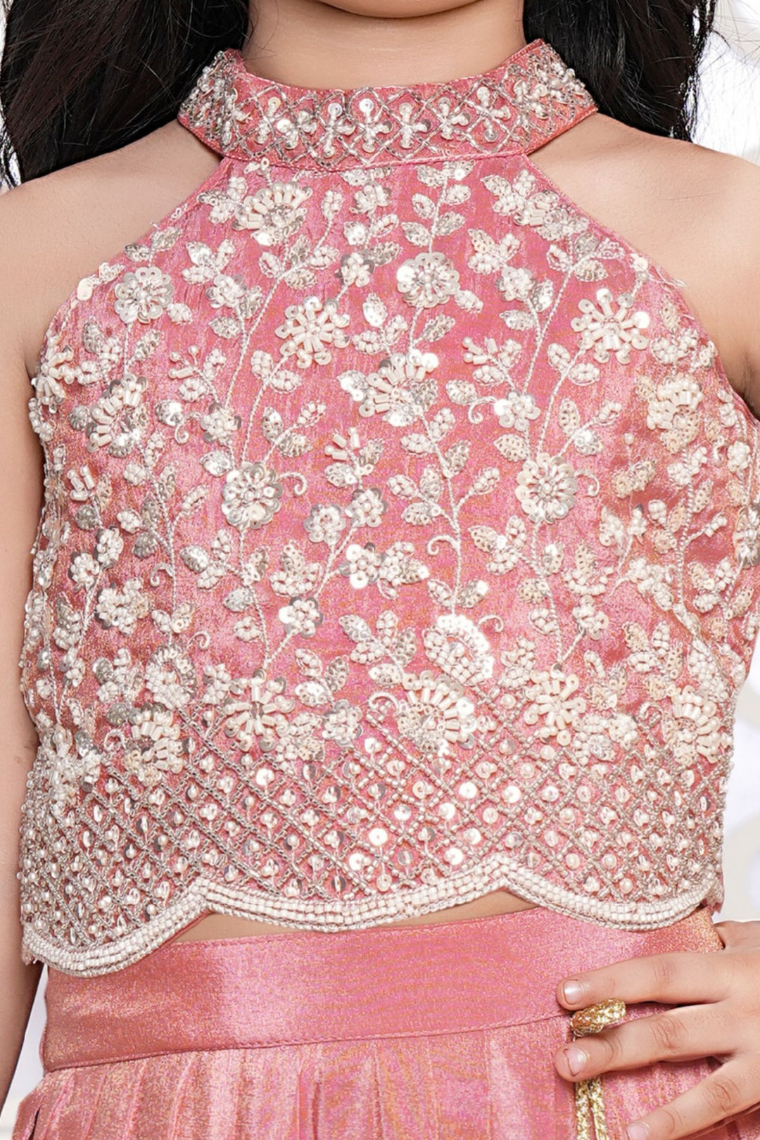 Peach Beads, Sequins and Thread work Lehenga Choli for Girls