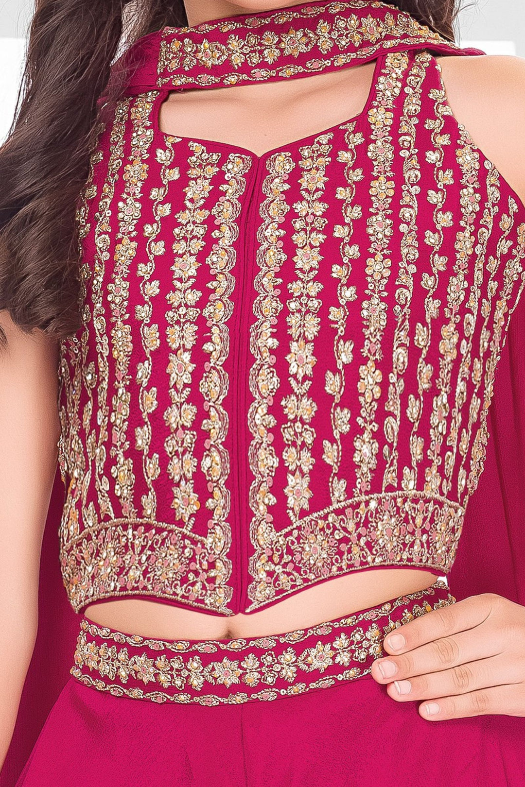 Rani Pink Zari and Stone work Palazzo Suit Set for Girls