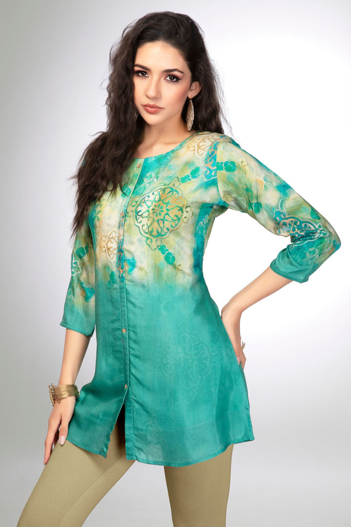 Aqua Green Digital Print Short Kurti