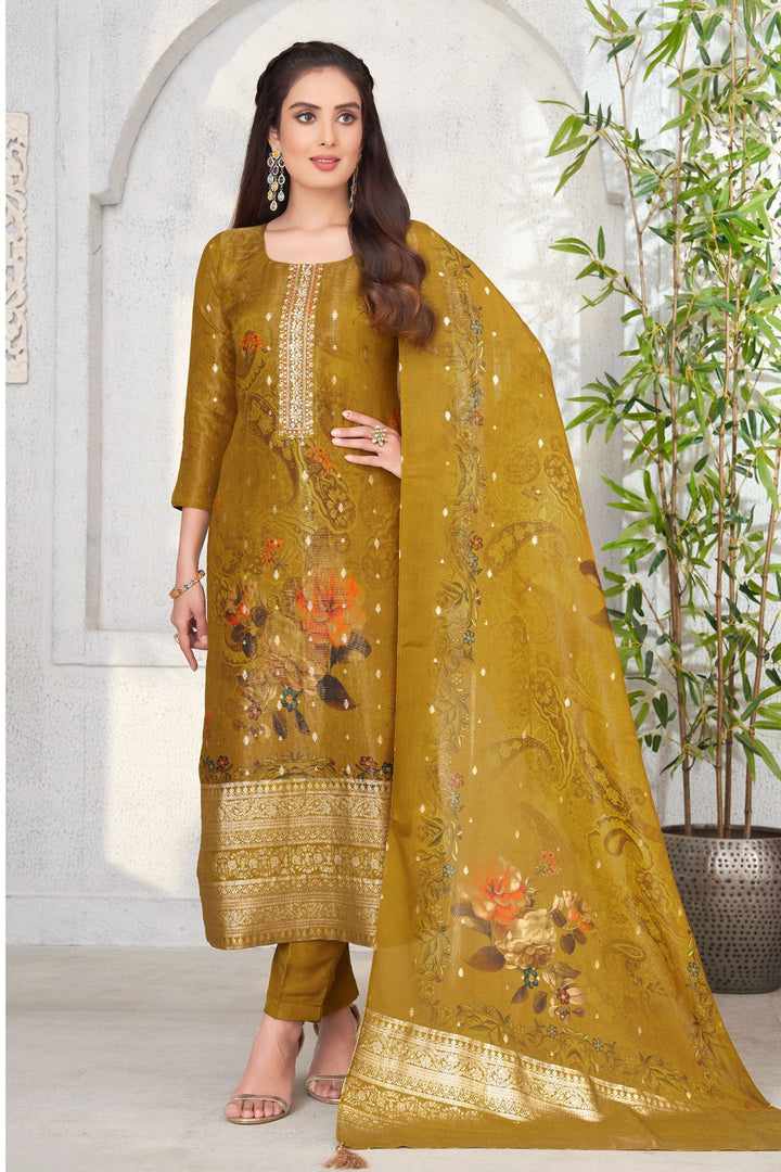 Mustard Banaras and Sequins work Straight Cut Salwar Suit with Floral Print Dupatta