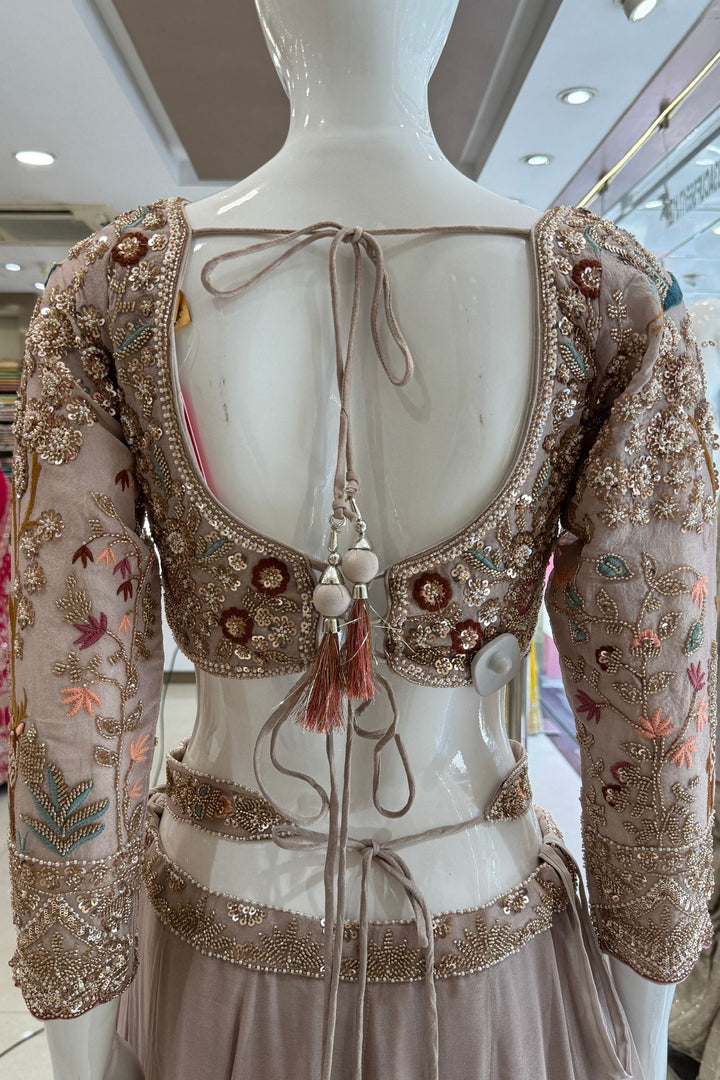 Beige Wedding Lehenga with Bird and Deer Motifs and Floral Bloom Embroidery with Belt