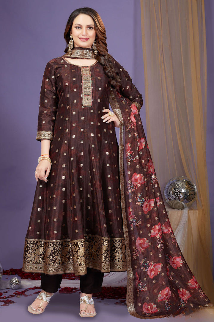Coffee Brown Banaras, Zardozi and Sequins work with Digital Print Anarkali Style Salwar