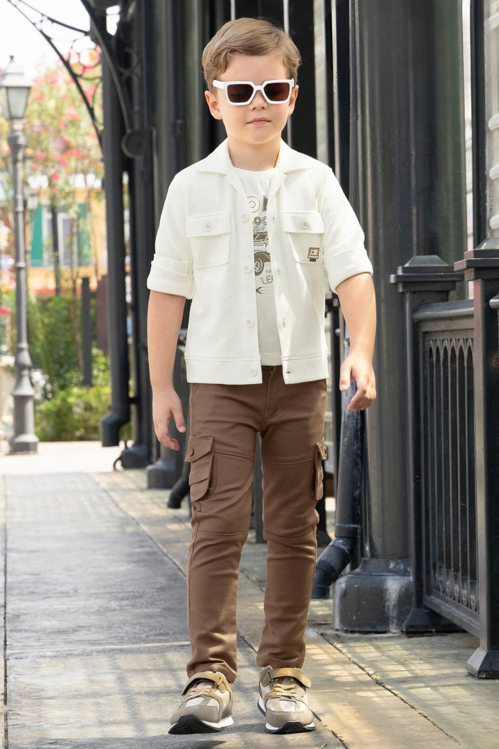 Sandal Blazer, Printed T-Shirt and Brown Pant Set for Boys