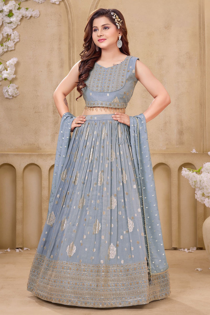 Light Grey Beads, Zari and Sequins work Lehenga Choli for Girls