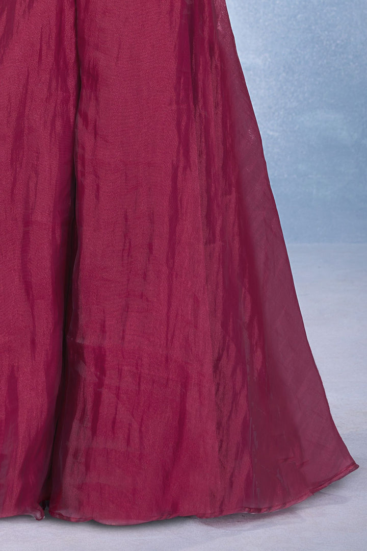 Magenta Beads and Embroidery work Palazzo Suit Set for Girls
