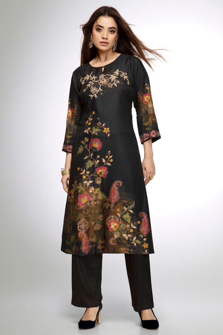 Black Thread and Mirror work with Floral Print Calf Length Kurti