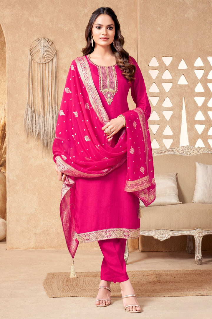 Rani Pink Sequins, Zari, Beads and Zardozi work Straight Cut Salwar Suit