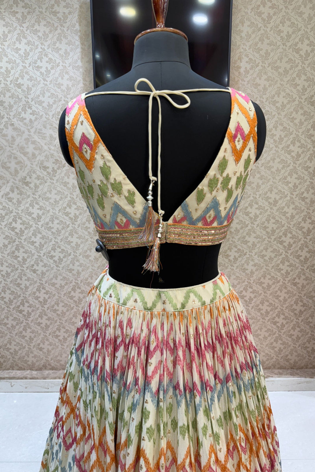 Cream Multicolor Embroidery, Sequins, Zari, Beads and Zardozi work Crop Top Lehenga