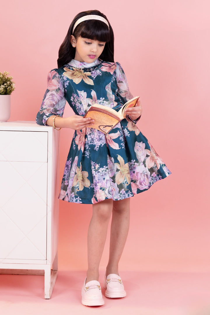 Teal Blue Floral Print Short Casual Frock For Girls