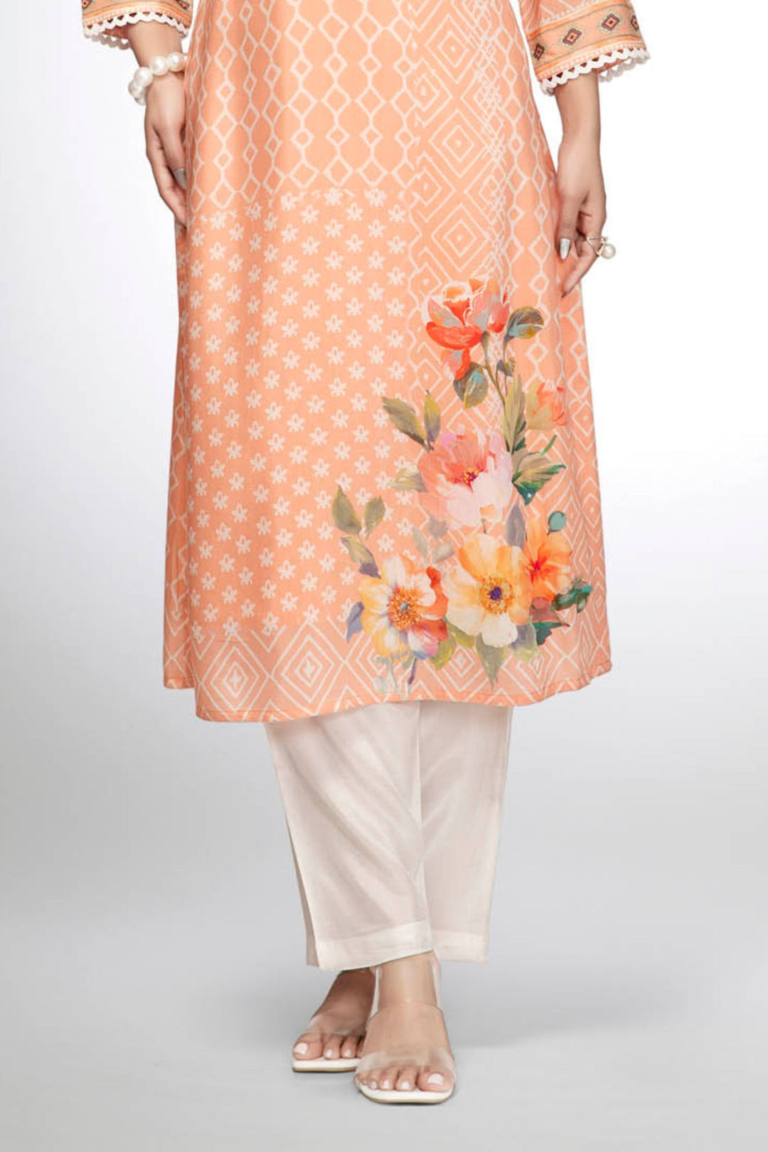 Peach Floral Printed Kurta with Geometric Pattern